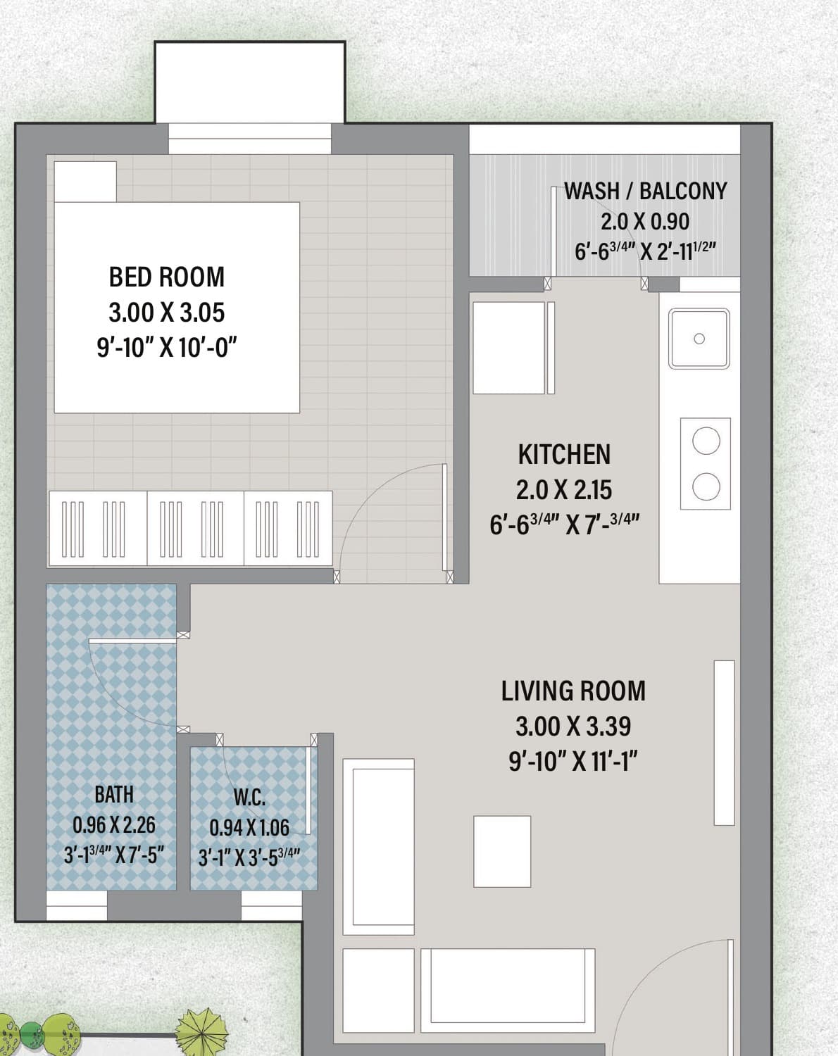 1 BHK unit plan for Ekta Heights showing bedroom, living room, kitchen, bath, W.C. and wash balcony